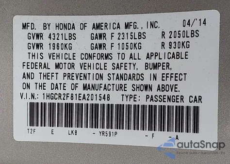 2014 Honda Accord Ex-L from USA, damaged, VIN 1HGCR2F81EA201548